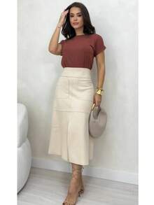 WOMEN'S SUEDE SKIRT WITH ZIPPER AND POCKET. STYLE AND ELEGANCE. - Off - White - View 10