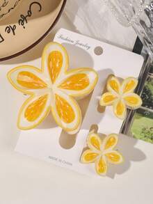 Set de 3 pinzas para el cabello con estampado de limón y flor de Plumeria, empaquetadas en tarjeta, de material ABS, estilo de vacaciones en la playa, accesorios de moda para el cabello de primavera/verano, pinzas elegantes para el cabello de mujer, accesorios de otoño e invierno