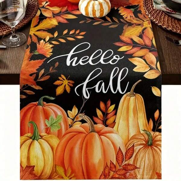 1 stuk herfst Thanksgiving tafelloper, herfstpompoen & bladontwerp met "Hello Fall"-tekst, boerderijdecoratie, geschikt voor keuken-eettafel, feestdagen, seizoensgebonden woningdecoratie, Thanksgiving-decoratie, restaurant-/keukentafeldecoratie, 100% polyester materiaal