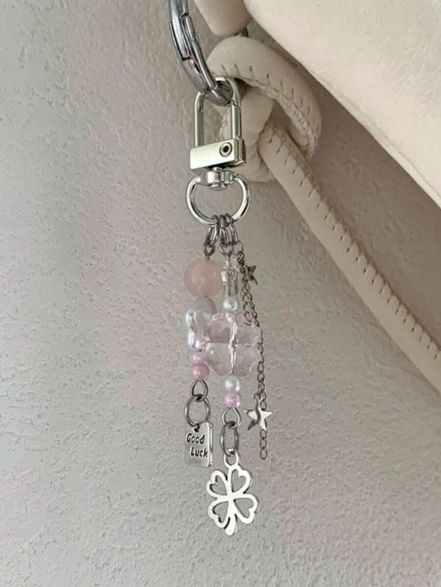 1 móc khóa điện thoại hình cỏ bốn lá may mắn dành cho cả nam và nữ, dây đeo cổ đính hạt, quà tặng thủ công cho bạn bè và gia đình, phụ kiện túi xách, dây đeo cổ có ngăn đựng thẻ ID, phụ kiện ô tô, mặt dây chuyền túi xách, phụ kiện ô tô Giáng sinh, ý tưởng quà tặng cho giáo viên và chị gái - Màu Hồng baby - Xem 1