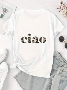 Women's Casual Short Sleeve Leopard Print Ciao Pattern Round Neck T-Shirt - Comfortable Loose Summer Top, Breathable And Machine Washable For Vacation Outfits, Medium Stretch Fabric