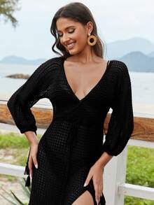 女士性感V领毛衣裙 - 秋冬长袖针织连衣裙 - 黑色 - 查看 3