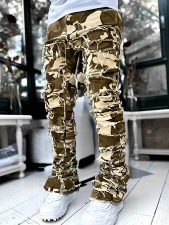 Teenage Boys' Creative Camouflage Tassel Denim Jeans