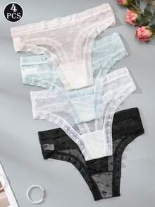 4pcs Multicolor Women's Panties Semi-Sheer Sexy Triangular Panties Love Lace Comfortable Women's Panties