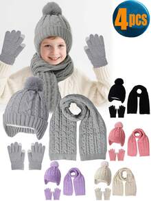 4件套儿童毛球冬季针织保暖帽、手套、围巾套装，纯色加厚保暖内衬婴儿帽，男女童针织连帽围脖套装 - 彩色 - 查看 1