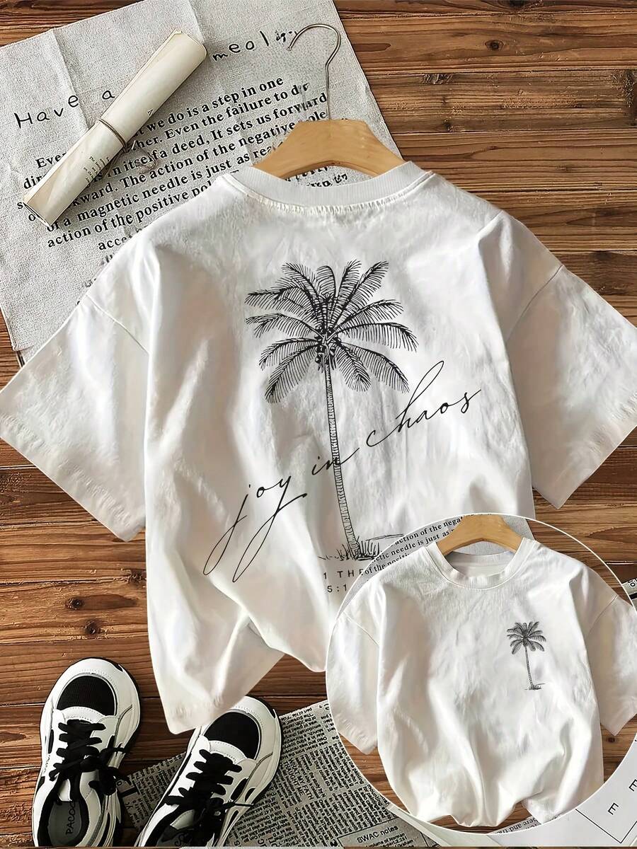 [Print] Women's Round Neck T-Shirt, Loose And Relaxed Fit, Minimalist Style Coconut Tree Print And "Joy" Inscription. - White - View 1