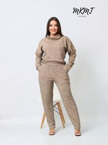 WMS Women's Woolen Ribbed Crew Neck Pants Set SimpleElegantCasualCutePocket - Màu be - Xem 2