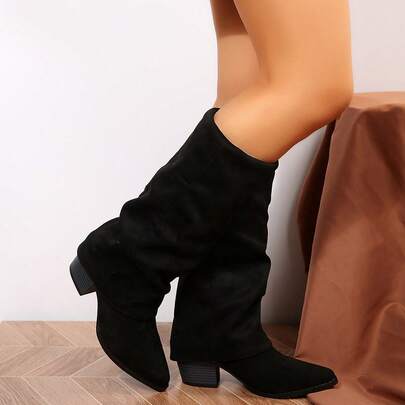 White Fit2025 女士黑色仿麂皮过膝时尚靴，褶皱设计，大码高筒中粗跟西部靴，欧美风厚底冬靴，秋冬必备宽楦鞋款