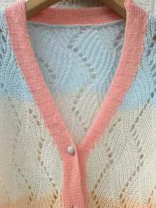 Autumn/Winter European Style Colorblock Long Sleeve Hollow Elegant Energetic Plus Size Women's Jacket, Plus Size Women Knitted Cardigan