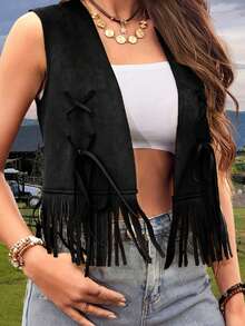 Women Vest, Sleeveless Open Front Tasseled Solid Outwear Gilet For Casual Street - 黑色 - 查看 5