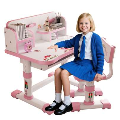 Kids Desk And Chair Set, Height Adjustable Children School Study Table Chair Set, Ergonomic Desk Chair With Large Writing Board, Bookshelf And Book Bucket For 3-18 Years Old