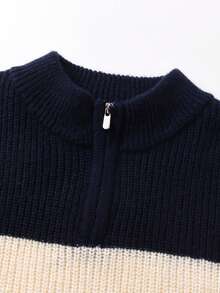 Boys & Teens' Collegiate Style Color Block Striped Half Zip Knit Sweater, Stand Collar Long Sleeve, Suitable For School, Casual Wear, Spring, Autumn, Winter
