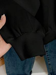 ClothesCasual Minimalist Blue Star Patch Print Pattern Black Crew Neck Oversized Loose Fit Women Hoodie Sweatshirt Autumn And WinterLoose And Comfortablewinter Clothes For Women - màu đen - Xem 3