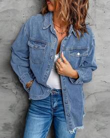 Vetinee Women's Oversized Button Up Frayed Hem Shacket Long Sleeve Pockets Denim Jean Jacket - Medium Blue - 查看 6