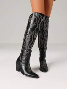 Women's Retro Embroider Thigh High Western Cowboy Boots Fashion Block Chunky High Heels Pointed Toe Vintage Cowgirl Boots Woman - 黑色 - 查看 2