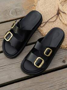 New Solid Color Unisex Fashion Retro Commuter Faux Leather Buckle Sports Sandals, Thick Sole Soft Bottom Comfortable Beach Slippers For Summer