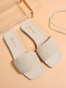 Plus Size Women's Shoes, Spring/Summer New White Square Toe Flat Sandals, Pair With Dresses To Elongate Legs, Fashionable Rhinestone Strap Slides, Summer Beach Slippers, Non-Slip Indoor Slippers, Girls Plastic Flip Flops - White - View 2