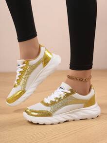 Women's Shiny Mesh Breathable Casual Sneakers, Lightweight Running Shoes - Gold - View 4