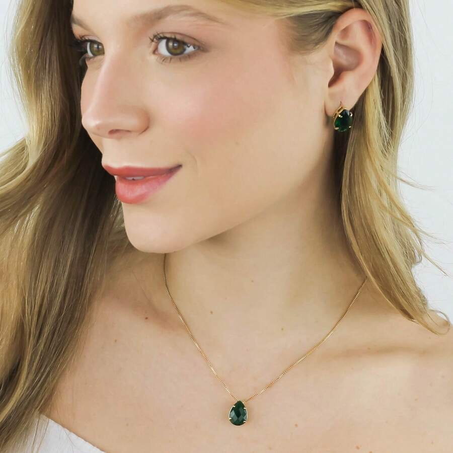 Women's Gold Set With Earrings, Necklace And Pendant Drop Blue Tourmaline Stone 18k Gold Plated - 翡翠綠 - 查看 1