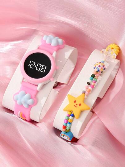 2 Pieces Girl's Watch With Round LED Digital Display Wristband Children's Watch With Cloud, Rainbow, Heart Pattern Clock, Affordable School Season Watch Suitable For Students, Fashionable School Supplies Electronic Watch & Cute, Sweet Rainbow Stars Dopamine Accessory Elastic Beaded Children's Bracelet, Wristband Suitable For Daily Life, School, Parties, Travel, Friend's Birthday Gift, Perfect Gift For Girls