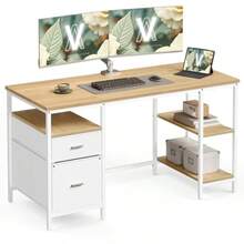 VASAGLE Bureau d Ordinateur Table avec Rangement 3 Étagères 2 Tiroirs 60 x 140 x 76 cm pour Bureau Salon Style Moderne Couleur Chêne Naturel et Blanc Perle LWD104Y01 - 140x60cm - Übersicht 1