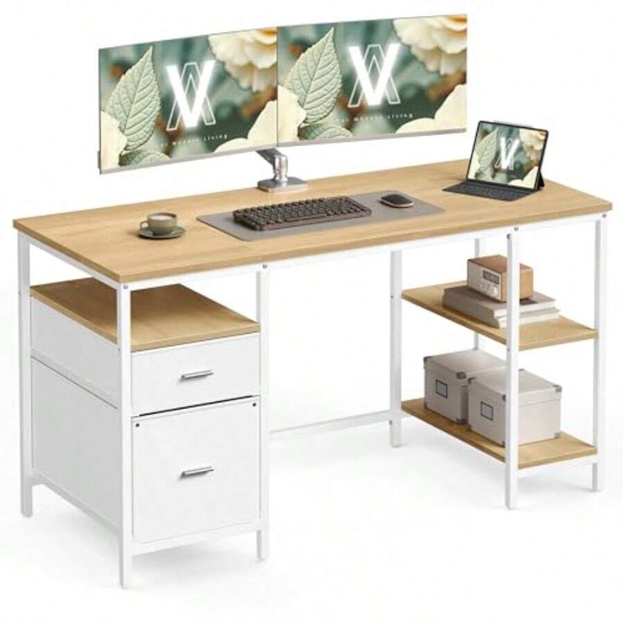 VASAGLE Bureau d Ordinateur Table avec Rangement 3 Étagères 2 Tiroirs 60 x 140 x 76 cm pour Bureau Salon Style Moderne Couleur Chêne Naturel et Blanc Perle LWD104Y01 - 140x60cm - Übersicht 1