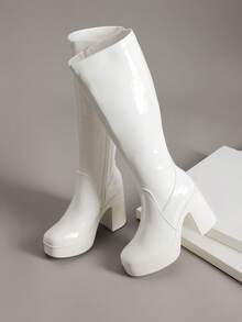 Women's Platform Chunky Heel Knee-High Boots Square Toe Fashionable Solid Color Y2K GoGo Boots - 白色-PAT - 查看 4