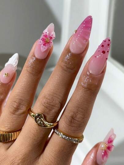 10Pcs French Tip Press On Nails Long Almond Press On Nails Pink Gradient 3D Flower Decoration And Water Ripples Design Polka Point With Peal Rhinestone Sweet Style Surface Glossy Design Full Cover Fake Nails For Women And Girls Daily Wear Nail Supplies Nails