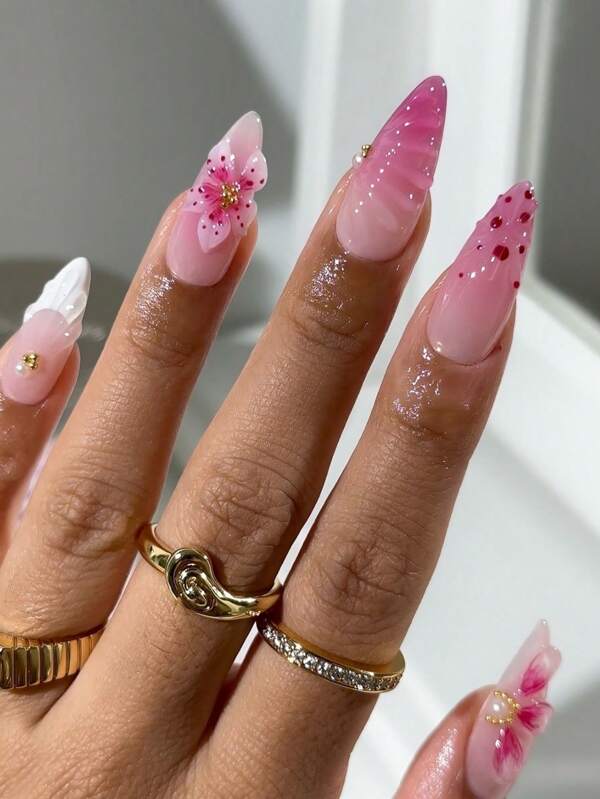 10 piezas Uñas postizas con puntas francesas largas con forma de almendra, diseño de flores 3D en degradado rosa, ondas y lunares con perlas y cristales, estilo dulce y superficie brillante, uñas postizas de cobertura completa para uso diario de mujeres y niñas, suministros de uñas