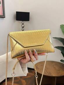 1pc Quilted Flap Closure PU Solid Color Envelope Bag, Fashionable Bright Color Party Clutch, Laser Bright Color Chain Shoulder Bag, Glossy Evening Party Small Square Bag, Suitable For Women To Use For Dates, Parties, And Galas - Gold - View 6