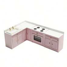 1/12 Escala Muebles de Cocina de Juguete Miniatura de Madera para Casa de Muñecas - Incluye Gabinete, Refrigerador, Estufa, Fregadero y Mostrador, Adecuado para Decoración de Casa de Muñecas, Combinación Rosa