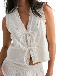 Women's Bow Tie Front Tank Tops Sleeveless V-Neck Eyelet Embroidery Vest Casual Summer Shirts Camisole Tops - 白色 - 查看 7