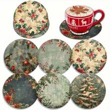 1 Set Of 6 Pieces,10x10cm Christmas Vintage Decorative Wooden Coasters Set, Winter Christmas Tree Art Coasters For Patio Table, Kitchen, Room, Dining Table, Home, Christmas Party, Christmas Gifts For Friends And Family, Birthday Gifts, Holiday Gifts,Coaster Set,Coasters Drink Coasters,Coaster For Cup At Home,Choice Of 1, 2 Or 31 Sets - Green - View 2