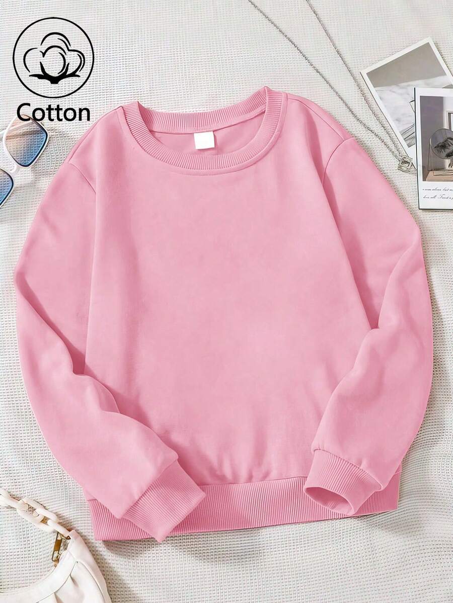 Felpa girocollo a maniche lunghe casual per bambini/bambini piccoli, motivo minimalista a cuore, vestibilità morbida, adatta per uso quotidiano, autunno - Rosa - Visualizzare 1
