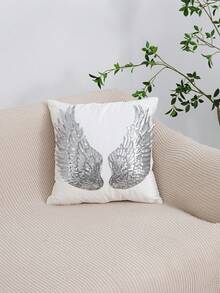 1pc/2pcs White Velvet Silver Wings Pattern Pillow Cover, Bohemian Sequin Embroidery Feather Decor Lumbar Cushion Cover For Bedroom, Living Room, Sofa, Car, Holiday Party, Garden, 30*50cm, 45*45cm, Pillow Insert Not Included