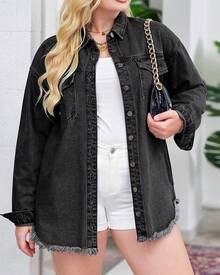 Vetinee Women's Oversized Button Up Frayed Hem Shacket Long Sleeve Pockets Denim Jean Jacket - 黑色 - 查看 3