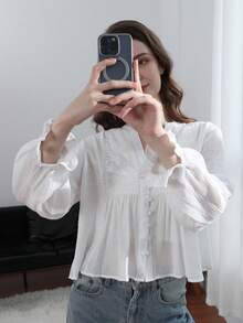 Áo kiểu Pháp thanh lịch và độc đáo, thêu hoa và thiết kế khoét rỗng, áo sơ mi dài tay nữ kiểu dáng thường ngày cho mùa xuân và mùa hè. - Màu be - Xem 7