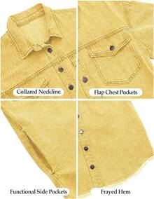Vetinee Women's Oversized Button Up Frayed Hem Shacket Long Sleeve Pockets Denim Jean Jacket - 金子 - 查看 6