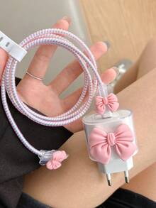 5pcs/Set Bow-Knot Design [European Version 20W Charger Protector] Clear Charging Port Cover & Anti-Break Cable Protector For IPhone11/12 13/14/15/16 Pro Max/Plus | 2-In-1 Protective Case Combo