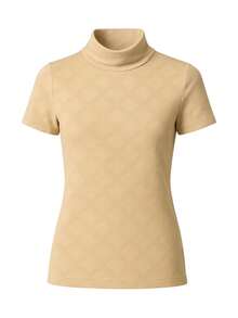 Women's Ribbed Mock Neck Short Sleeve Slim Fit Knit Top, Lightweight Stretchy Soft Tee Shirt, Casual Minimalist High Neck Pullover For Work, Travel And Everyday Wear, Classic Beige - 米色 - 查看 1