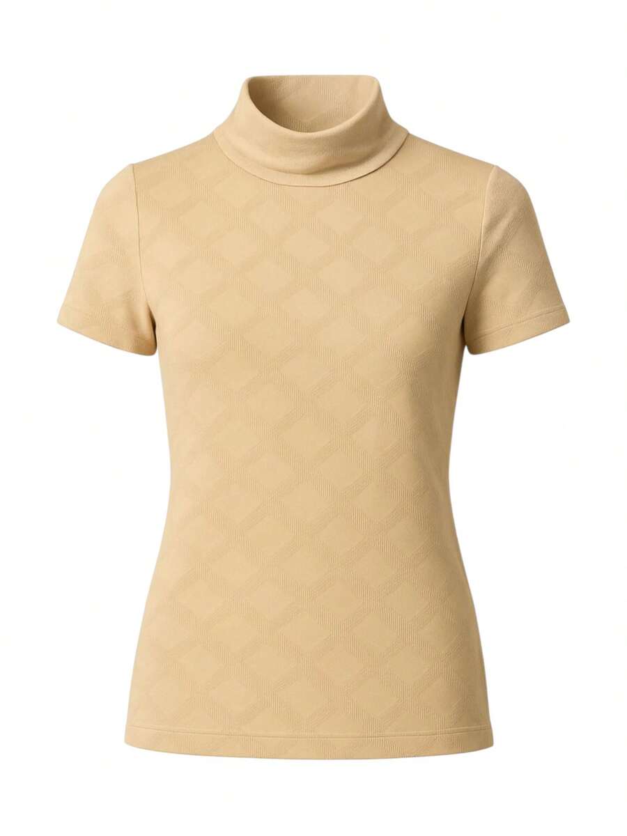 Women's Ribbed Mock Neck Short Sleeve Slim Fit Knit Top, Lightweight Stretchy Soft Tee Shirt, Casual Minimalist High Neck Pullover For Work, Travel And Everyday Wear, Classic Beige - 米色 - 查看 1
