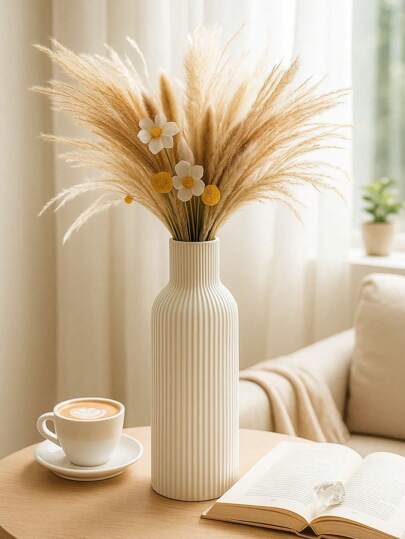 Minimalist Ribbed Wit Vases, 1/ ative Faux Ceramic Look Fall Home Moderne Dried Flower Display, Great Living Room, Entryway, Dining Tafel Room Vase Glass view 4