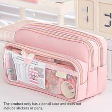 [ Cosmetic Bag] Large Light Blue Multi-Compartment Pencil Case | Twill Fabric With Clear Window, Portable Cosmetic Bag For Stationery, Makeup, And Accessories, Makeup Organizer,Back To School - Multicolor - View 13