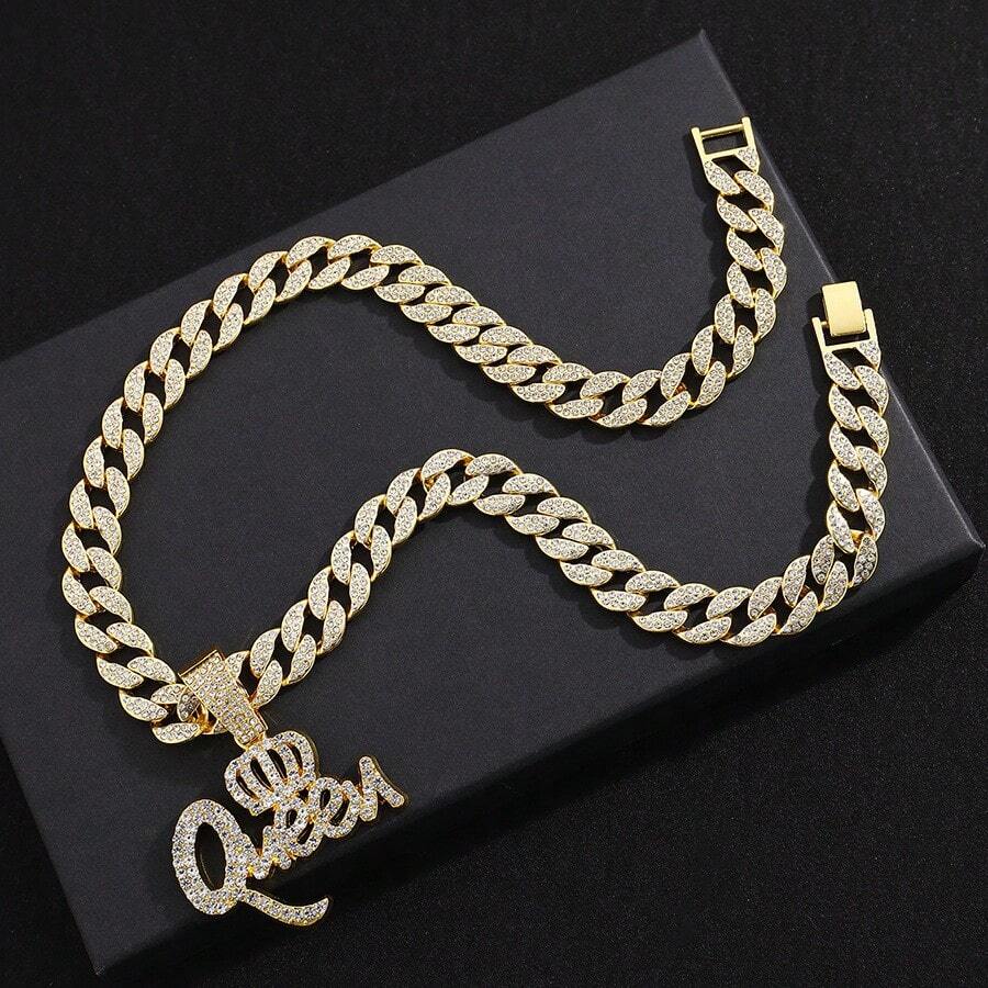 Hip Hop Zinc Alloy Crown QUEEN Letter Full Diamond Pendant Elegant Personality Necklace Jewelry