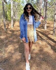 Vetinee Women's Oversized Button Up Frayed Hem Shacket Long Sleeve Pockets Denim Jean Jacket - 宵藍 - 查看 5