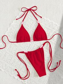 女士性感时尚两件式黄色比基尼泳衣，夏季海滩 - 紅色 - 查看 6