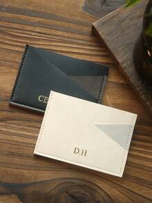 1pc Personalized Ultra-Thin Minimalist Card Holder, Customized Gold Letter Pattern Faux Leather Credit Card Wallet, Vintage Asymmetric Card Holder, Unisex, 2 Card Slots, Retro Card Wallet, Color Block Design, Front Pocket Wallet, Best Handmade Gift - Multicolor - View 9