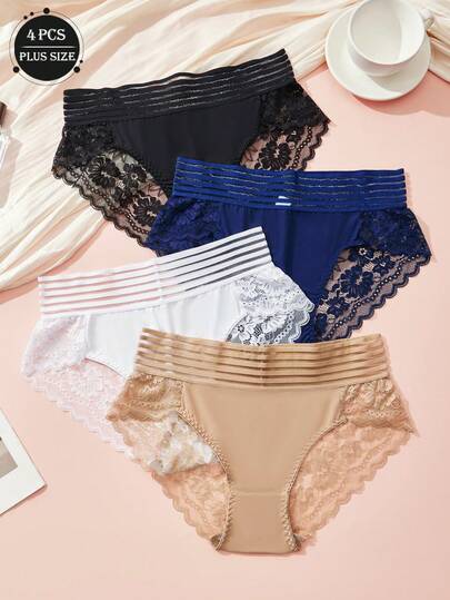 Calças triangulares femininas plus size, 4 peças, renda sexy, vazada, semitransparente, cor sólida, cintura média, charme maduro, retrô, romântica, francesa, doce e adorável, calças leves, macias e confortáveis para as quatro estações, adequadas para casa, viagens, festas e presentes