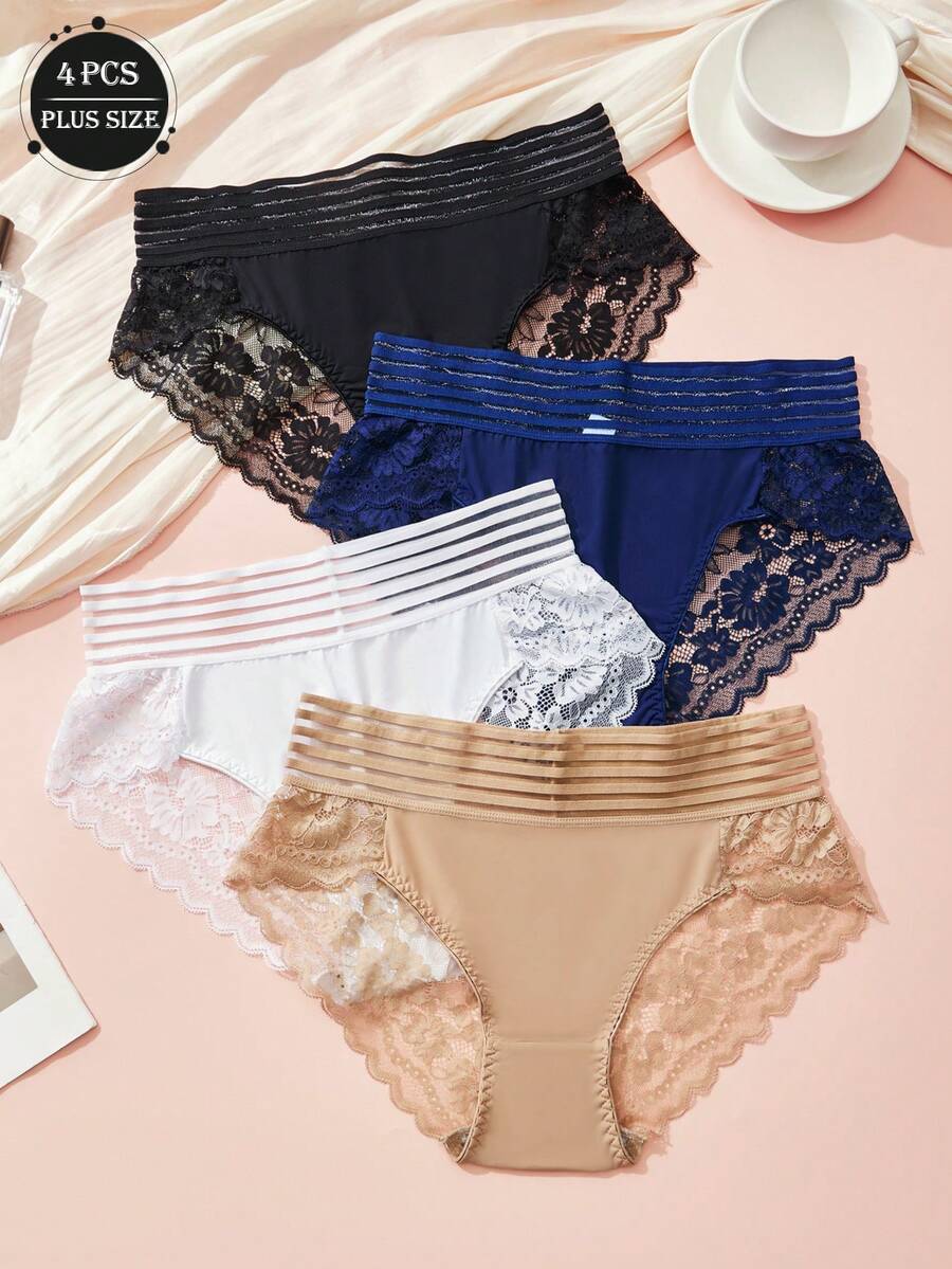 4 sztuki seksownych koronkowych, wyciętych, półprzezroczystych, jednolitych kolorów, średniej talii, plus size, damskich spodni trójkątnych, dojrzałego uroku, retro, romantycznej, francuskiej, słodkiej i uroczej bielizny, lekkie, miękkie i wygodne, całoroczne, odpowiednie do domu, podróży, na imprezy i prezenty