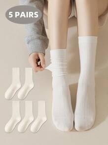 1/5/6 Pairs Women Socks, Encore Solid Color Ribbed Mid-Calf Socks, Simple & Versatile For Outdoor Casual Wear, Indoor Black & White Ladies Socks, Autumn/Winter
